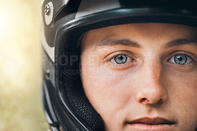 Buy stock photo Training, cycling and face with a man in a helmet for adventure, fitness or exercise outdoor and closeup. Safety, sports and workout with a male athlete out on a ride for health, cardio and wellness