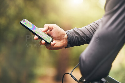 Buy stock photo Hands, search and gps on smartphone for cycle athlete lost in nature park with online map app. Digital navigation and connection with 5g for bicycle person looking for direction information.