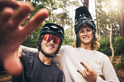 Buy stock photo Forest, cycling and friends take a selfie in nature on an outdoor bicycle adventure in the woods in summer. Sports, bikers and happy men in a picture for fun biking memories on holiday vacation