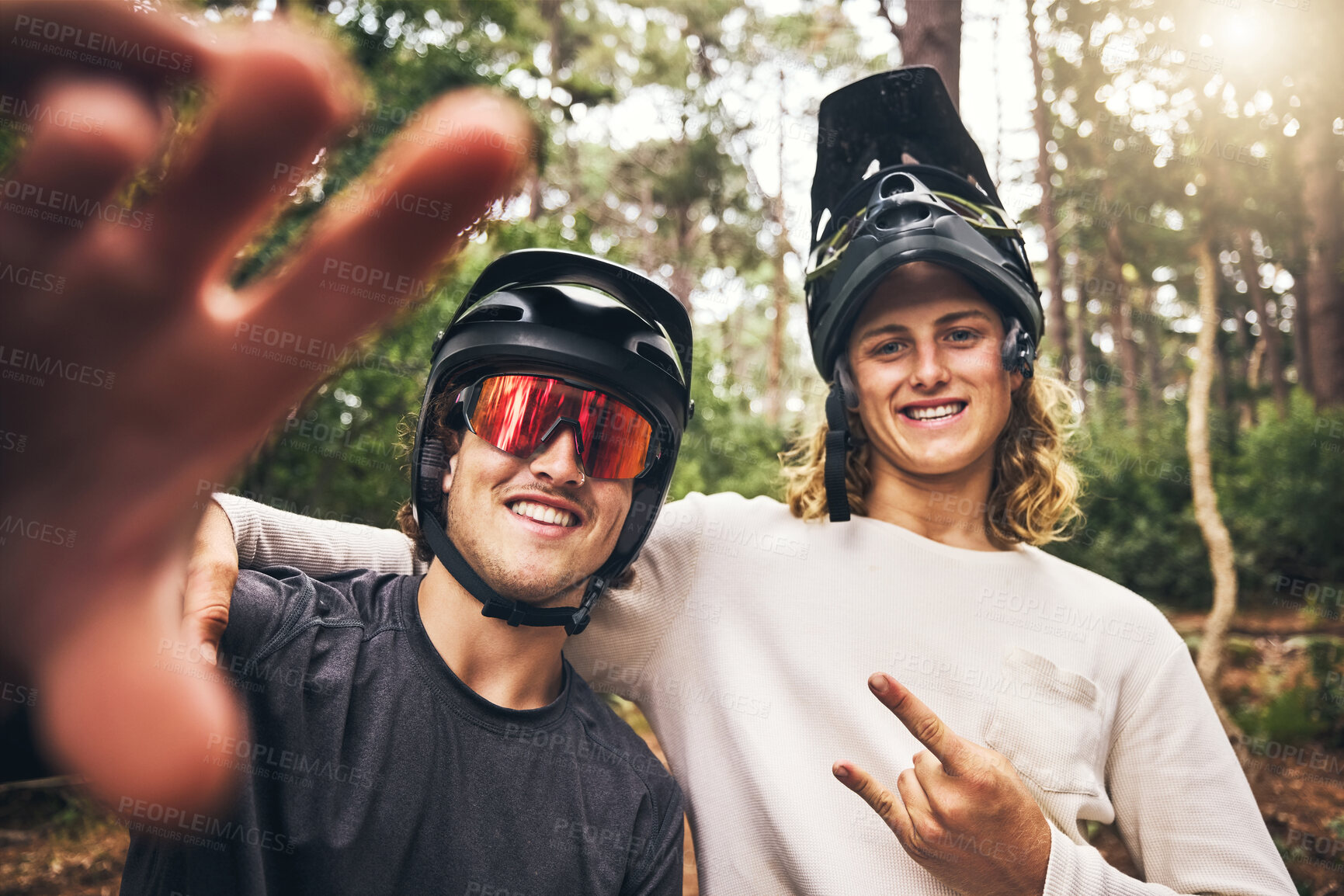 Buy stock photo Forest, cycling and friends take a selfie in nature on an outdoor bicycle adventure in the woods in summer. Sports, bikers and happy men in a picture for fun biking memories on holiday vacation