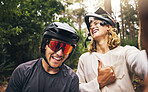 Friends, cycling men and selfie in forest, park or woods cyclist trail in nature. Thumbs up, fitness and cyclists, bikers or bike rider smile in mountain biking helmets in park outdoor bicycle ride.
