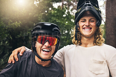 Buy stock photo Friends taking a selfie together after cycling through nature trail in the forest. Portrait of cyclist men from Sweden or Norway smiling wearing mountain biking helmets after bicycle ride in a park 