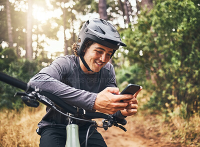 Buy stock photo Cycling man in forest, phone gps and map direction with adventure, nature trail and bicycle break in woods. Happy mountain bike sports athlete, mobile app search and typing location guide connection