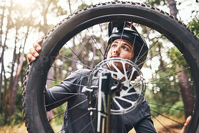 Buy stock photo Bicycle, wheel and tyre in forest with man fix problem in zoom or closeup of rim. Cyclist, bike and broken in woods while on training, fitness and travel ride for sport or prepare for competition