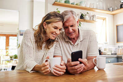 Buy stock photo Senior couple on smartphone reading online social media post, search holiday house website or retirement planning inspiration with home wifi. Happy elderly pension people with cellphone chat app