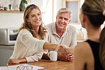 Handshake, life insurance and senior couple with lawyer for mortgage tax bills, property and financial investment. Finance, inheritance and old woman shaking hands with realtor for a successful deal