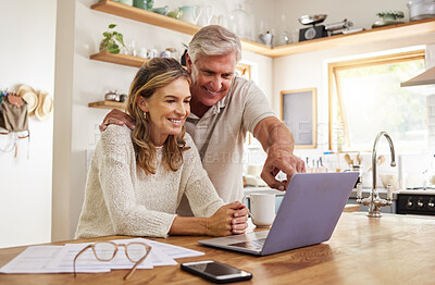 Buy stock photo Happy pension couple with laptop and paperwork for retirement planning, online ecommerce website or digital bank application investment. Elderly, senior people for life insurance or asset management