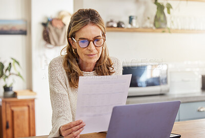 Buy stock photo Budget, finance and retirement woman with laptop and paperwork for pension savings, bills or income investment on digital bank app. Elderly person with mortgage, financial document or tax management