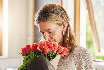 Buy stock photo Mature woman, scent and smelling roses in house or home for valentines day, birthday and celebration event. Flowers, plants and floral bouquet for person as thank you, sorry or congratulation gesture