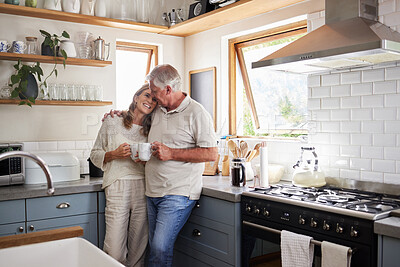 Buy stock photo Love, kitchen and senior couple relax with cup of coffee, tea or hot drink while bonding and connect at home. Family, peace and elderly man and woman enjoy quality time, retirement and life together