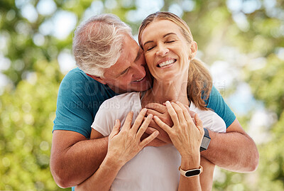 Buy stock photo Garden, marriage and retirement couple hug for love and affection in caring relationship together. Romantic, happy and elderly new zealand people smile enjoying embrace in nature for leisure break.