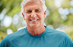 Health, fitness and exercise with a senior man outdoor in summer for wellness and training while enjoying retirement. Workout, healthy and happy with an elderly male pensioner and athlete in nature