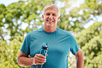 Fitness, garden and a senior man with water bottle, exercise and hydrate in retirement. Health, nature and workout, a happy elderly guy from Canada with smile standing in outdoor park on a summer day