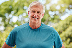 Exercise, fitness and senior man exercise, happy and healthy in retirement. Portrait health, nature and workout a smiling elderly guy from England with smile training in outdoor park on a summer day