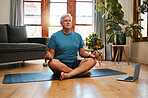 Yoga, fitness and meditation with a senior man following an online zen class for workout, exercise and training. Laptop, health and retirement with an elderly male pensioner exercising in his home