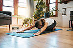 Exercise, fitness and yoga stretching for health, wellness and  healthy body, mind and spirit on living room floor. Calm woman start with pilates, workout and training with balance and meditation