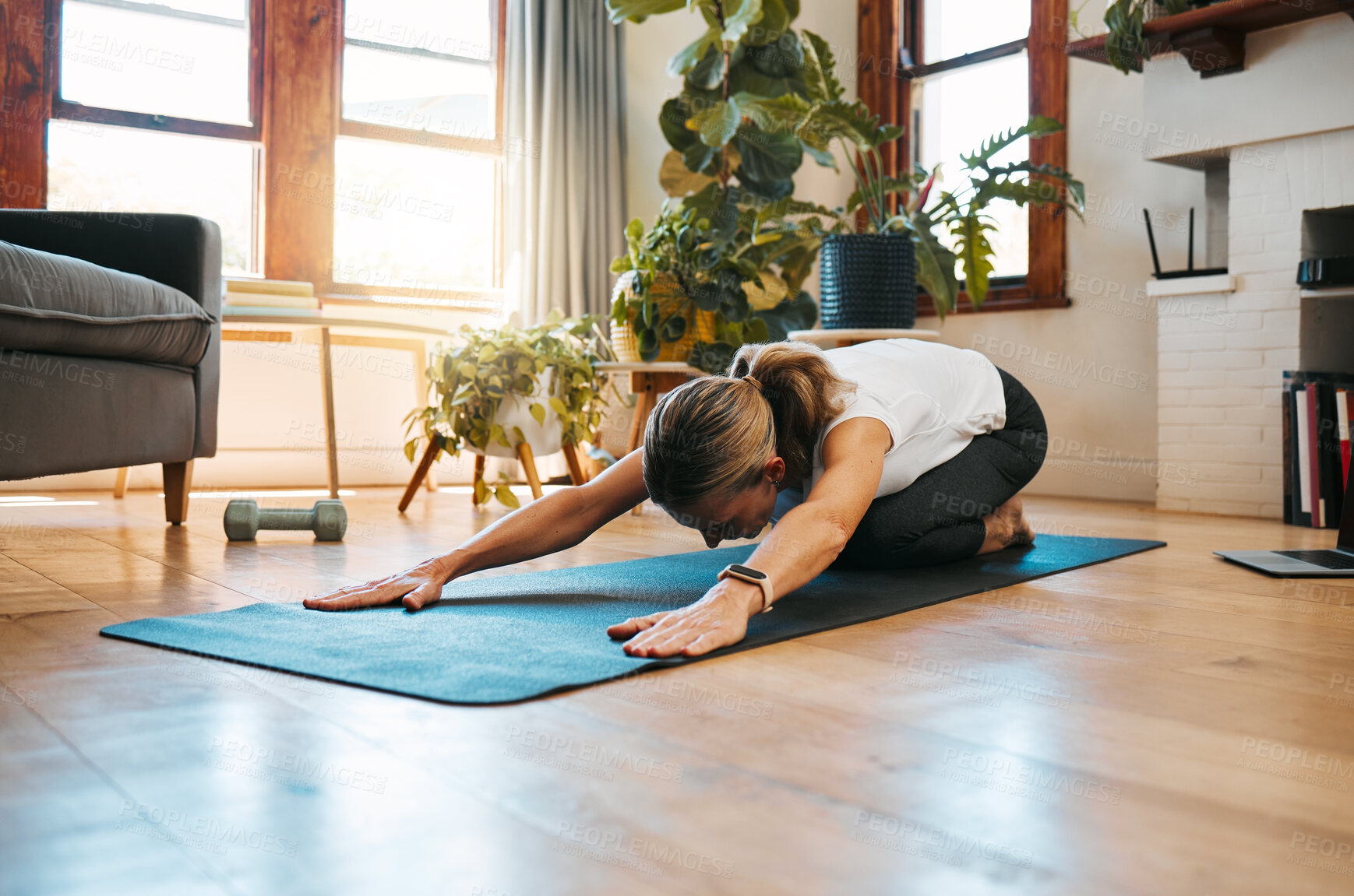 Buy stock photo Exercise, fitness and yoga stretching for health, wellness and  healthy body, mind and spirit on living room floor. Calm woman start with pilates, workout and training with balance and meditation