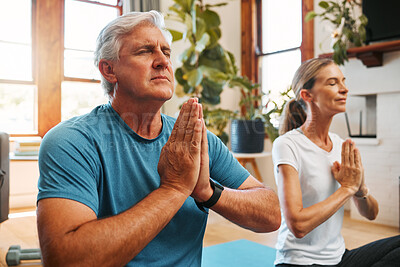 Buy stock photo Meditation, home and senior zen couple meditate for body wellness, freedom or mindset peace on living room floor. Yoga, pilates man and woman meditating for health, spiritual chakra or energy balance