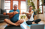 Couple, stretching and yoga with laptop to watch online video tutorial. Senior man and woman warm up with pilates and exercise on virtual class on the floor with peace, fitness and training  