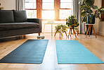 Yoga mat, home workout and empty space background in house for exercise, fitness and pilates on living room floor. Apartment interior lounge for sports training, body wellness and healthy lifestyle