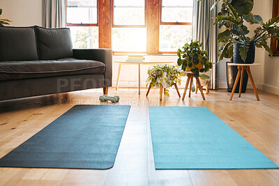 Buy stock photo Yoga mat, home workout and empty space background in house for exercise, fitness and pilates on living room floor. Apartment interior lounge for sports training, body wellness and healthy lifestyle