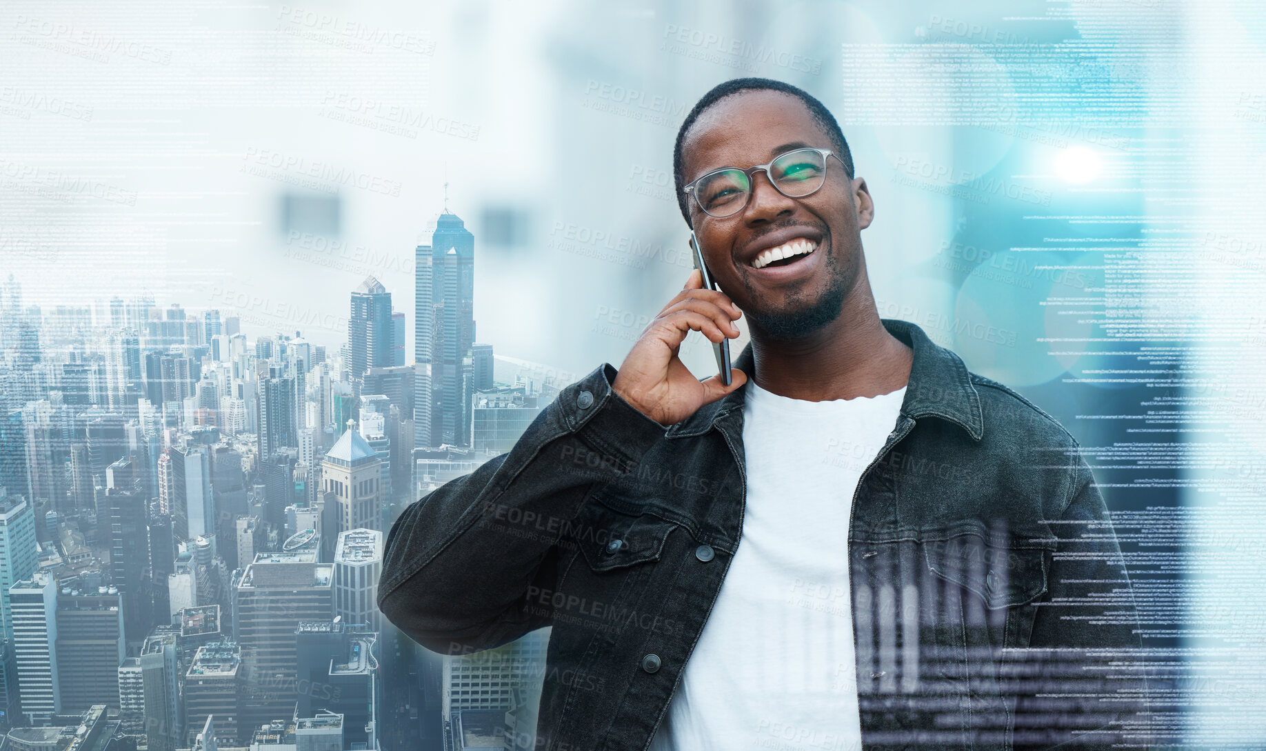 Buy stock photo City overlay, phone call communication and businessman talking about corporate work on smartphone with smile. African worker happy while networking and working on technology with double exposure