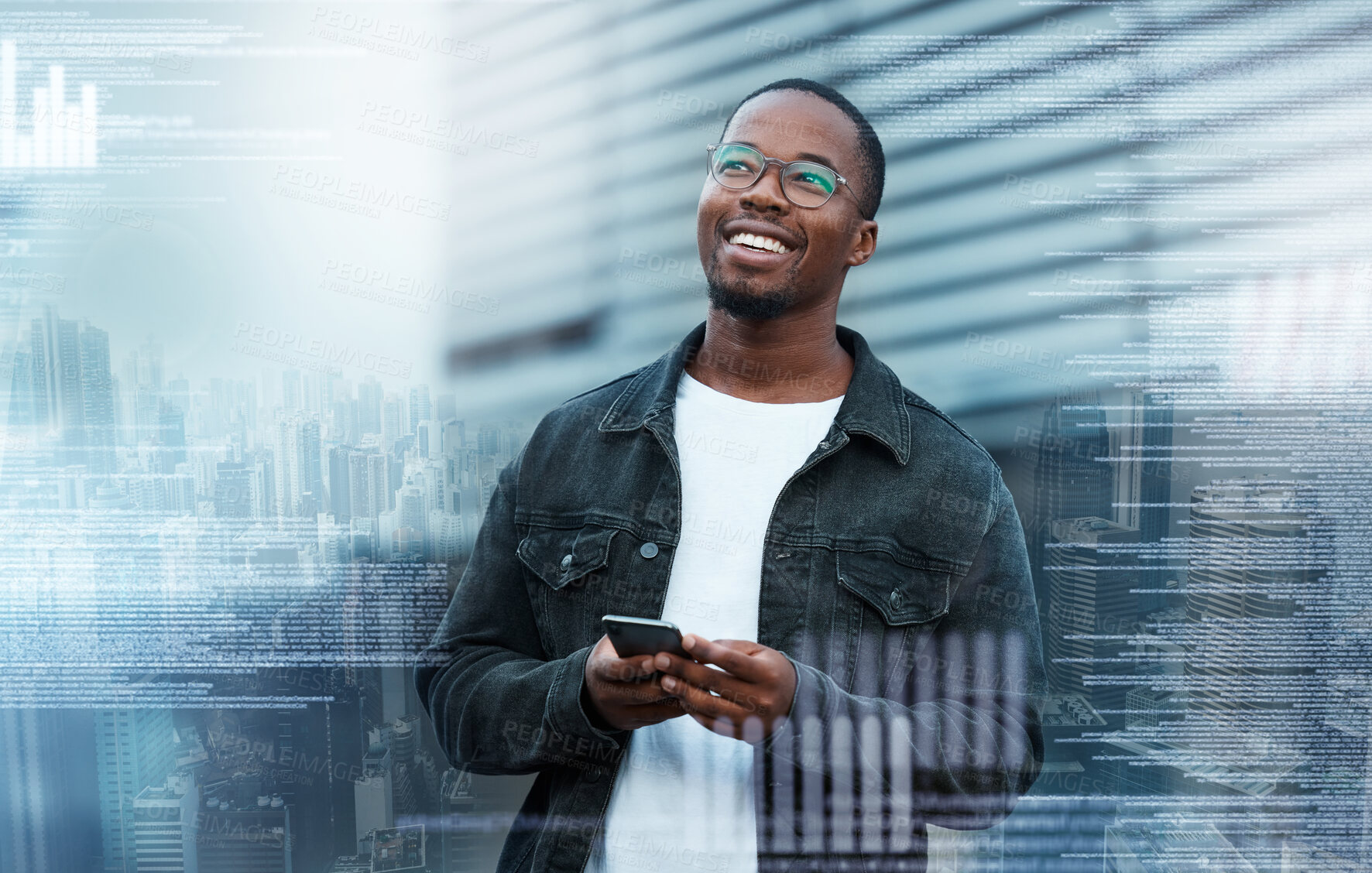 Buy stock photo Overlay, phone and black man trading on the stock market happy about his future financial investments. Smile, cryptocurrency and young trader excited with the price growth news in the digital economy