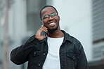 Happy black man, smile and urban phone call for communication and connection in smart casual outdoors. Smart man with glasses smiling for mobile 5G technology speaking on smartphone in South Africa