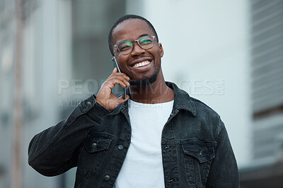 Buy stock photo Happy black man, smile and urban phone call for communication and connection in smart casual outdoors. Smart man with glasses smiling for mobile 5G technology speaking on smartphone in South Africa