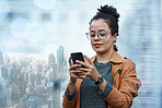 City overlay, phone communication and black woman typing an email on a smartphone with digital ai for business. African corporate worker working on a cellphone for 5g internet connection at work