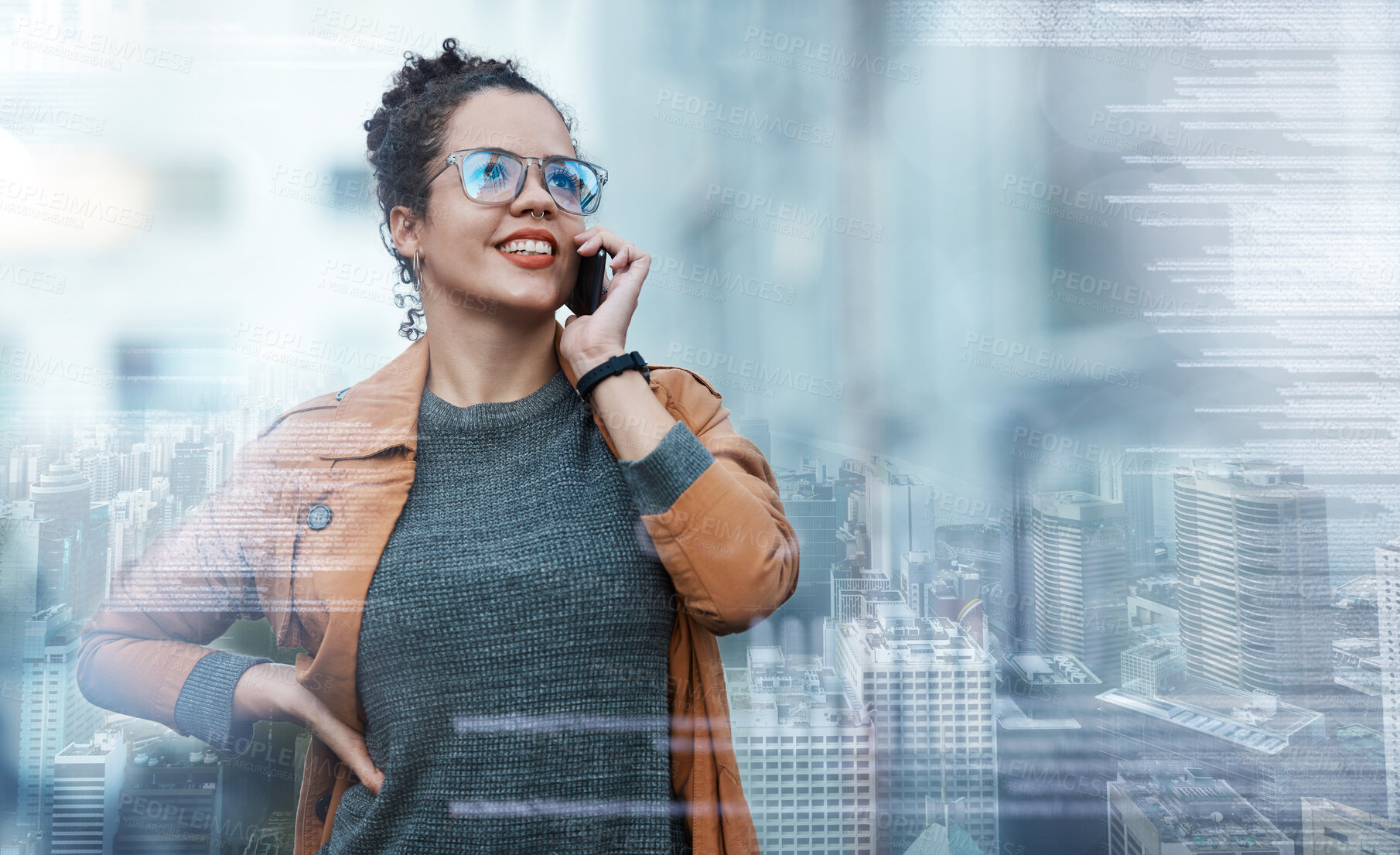 Buy stock photo Business woman, phone call and city double exposure  conversation speaking on business project strategy overlay. Mexico girl employee contact or talking on 5g mobile smartphone  communication device 