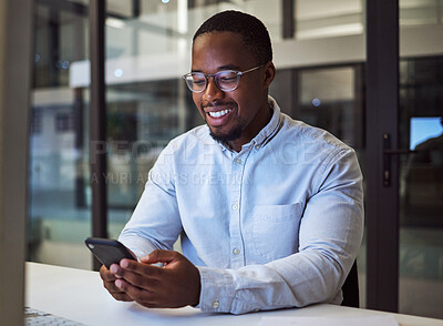 Buy stock photo Black businessman, phone and networking in night office with digital marketing schedule, social media calendar and crm app. Smile, happy or motivation worker with mobile advertising b2b software idea