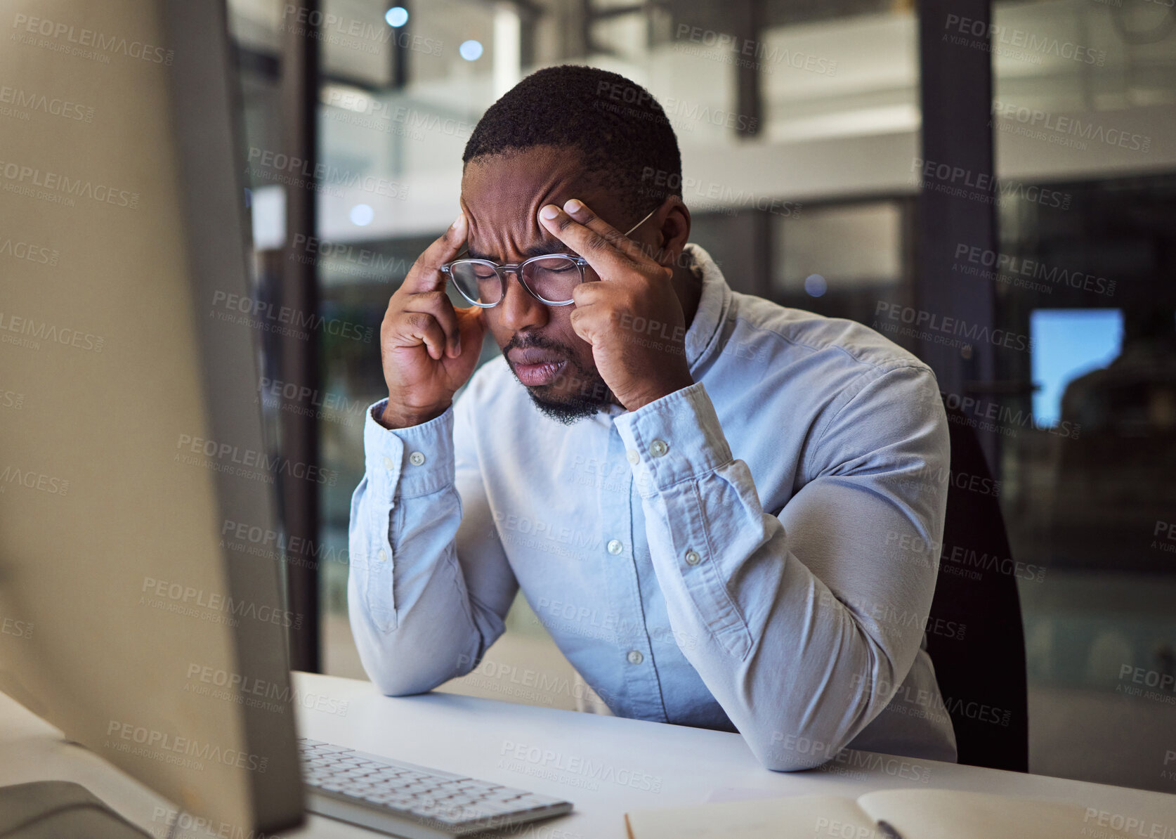 Buy stock photo Stress, headache and black businessman on night office computer with 404 software glitch, cybersecurity hack and website seo mistake. Burnout, anxiety and mental health technology programmer in pain