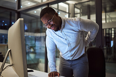 Buy stock photo Stress at night, tired employee with back pain working at night and risk of burnout or quitting. Career dedication, marketing professional with deadline and motivation to complete project for success