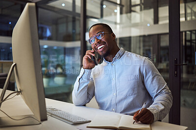 Buy stock photo Phone call, notebook and computer black businessman at office planning, and writing success strategy for accounting company. South African corporate person work on 5g mobile smartphone, pc and notes