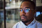 Information technology businessman with glasses and computer reflection for night vision, eyes healthcare, wellness or innovation. Office black man programmer reading online code software development