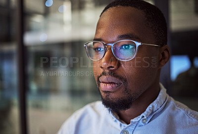 Buy stock photo Information technology businessman with glasses and computer reflection for night vision, eyes healthcare, wellness or innovation. Office black man programmer reading online code software development