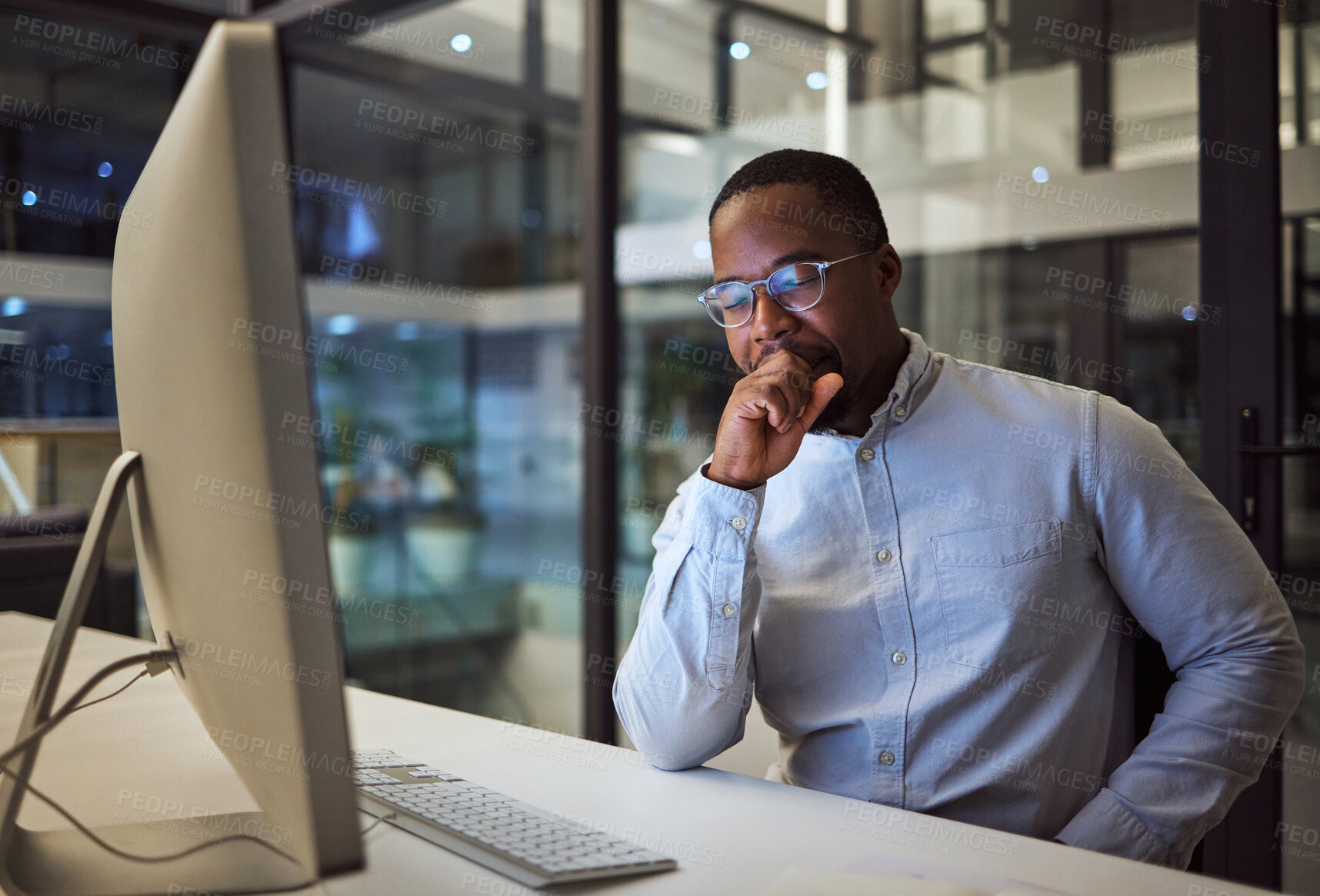 Buy stock photo Yawn, burnout and tired businessman is sleepy in the office from deadlines, overworked and overwhelmed with fatigue. Mental health, yawning and exhausted black man working overtime on his computer