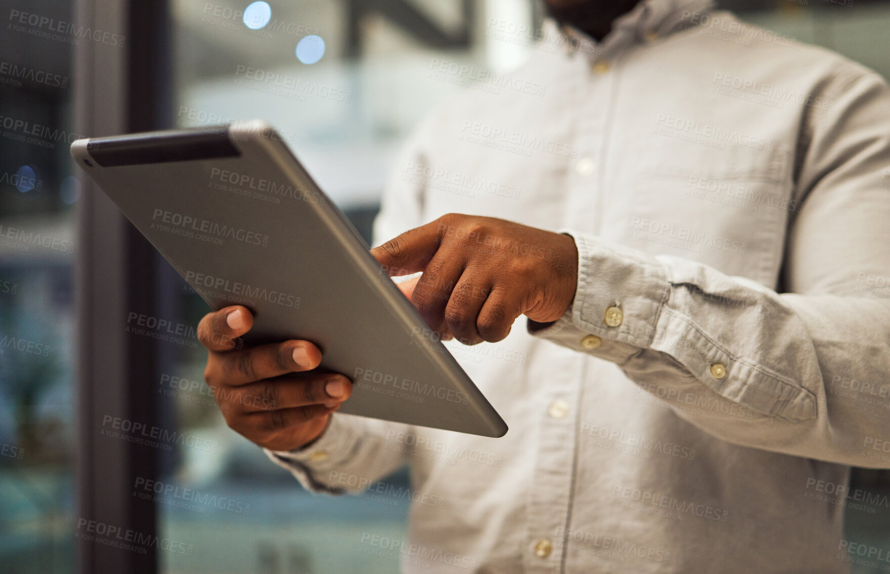 Buy stock photo Night office, businessman hands and tablet planning in company for online ideas, strategy and app connection on 5g technology. Closeup employee working in dark modern office for late digital project