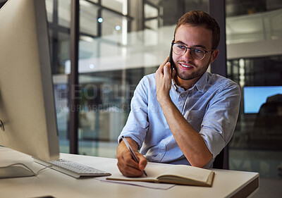 Buy stock photo Business phone call, internet research and businessman planning idea on computer in dark office at night. Corporate manager writing notes and speaking on cellphone for strategy during late overtime