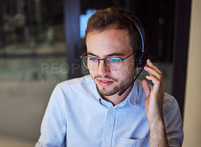 Buy stock photo Call center, customer service and telemarketing with a man working in support with a headset in his office. Sales, consulting and contact us with a male consultant at work in crm communication