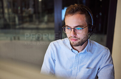 Buy stock photo Man, work and crm with reflection on glasses in office for telemarketing with computer at business. Businessman, working and customer service at company, workplace or call center in overtime in night