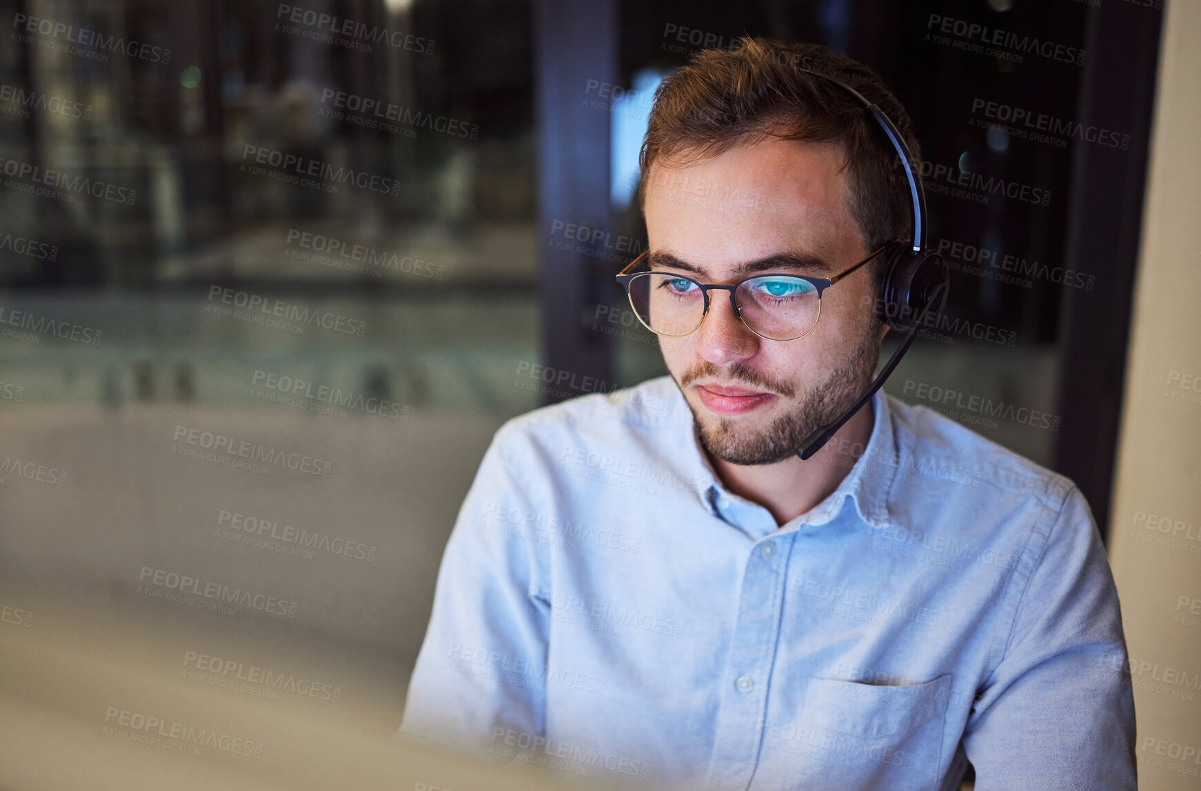 Buy stock photo Man, work and crm with reflection on glasses in office for telemarketing with computer at business. Businessman, working and customer service at company, workplace or call center in overtime in night