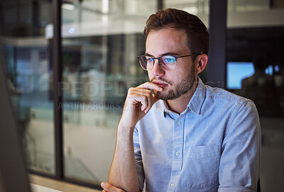 Buy stock photo Accountant man, night and thinking at computer in office for strategy plan with business expenses. Expert corporate finance employee in workplace late with focus and concentration to finish work.

