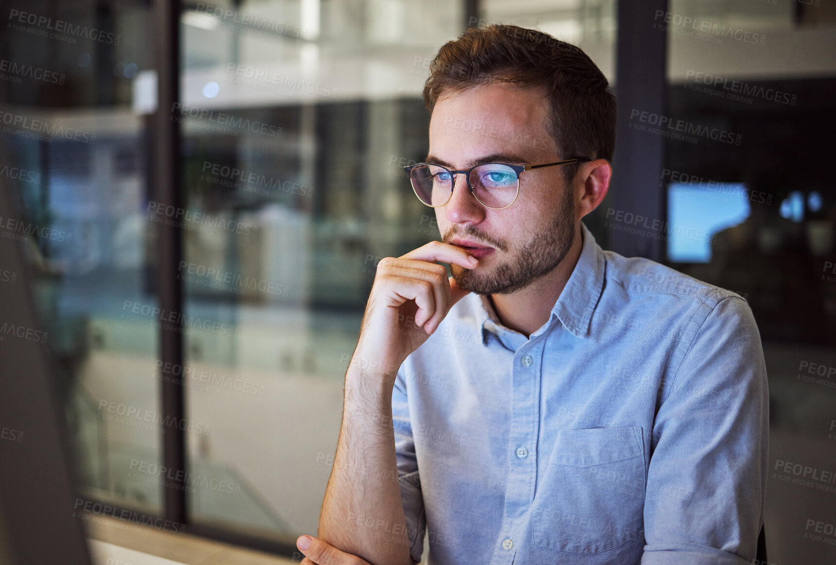 Buy stock photo Accountant man, night and thinking at computer in office for strategy plan with business expenses. Expert corporate finance employee in workplace late with focus and concentration to finish work.

