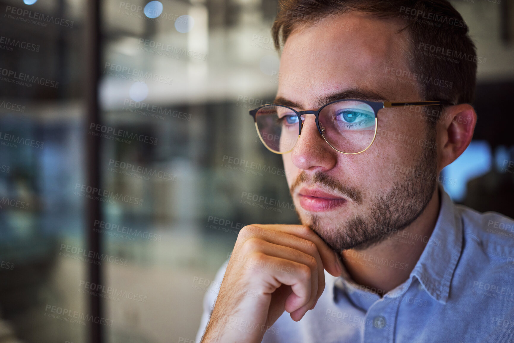 Buy stock photo Man, work and reading with reflection on glasses in office thinking of planning strategy for business. Businessman, working and screen of tech at company, workplace or corporate in overtime in night