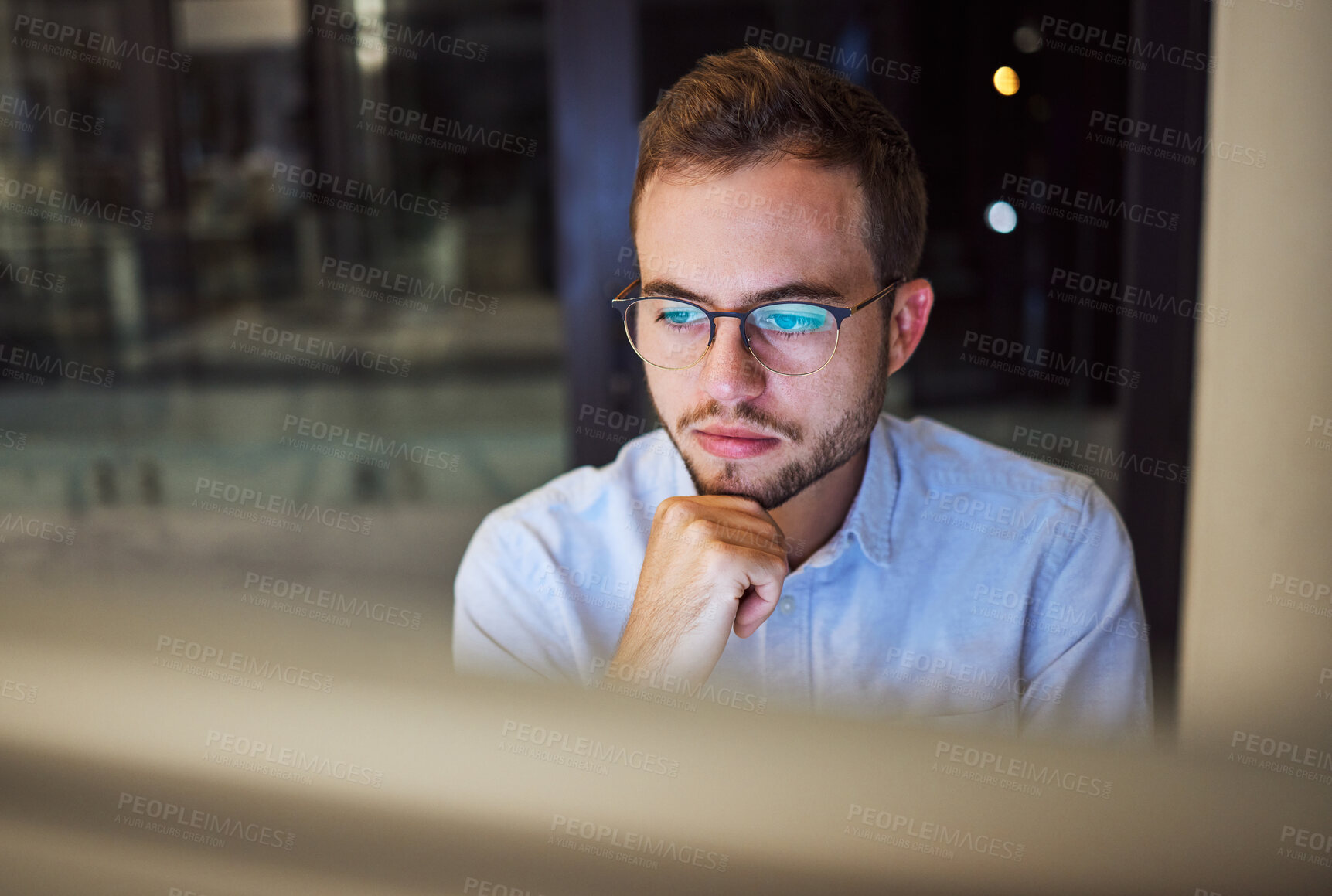 Buy stock photo Businessman, computer and office thinking at night planning trading strategy for financial market at finance company. Canada online trader person focus, working or reading pc corporate fintech email