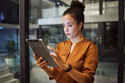 Buy stock photo Tablet, night and research with a business woman working late on the internet while on the search for data or information technology. Innovation, cloud computing and ux with a female employee at work