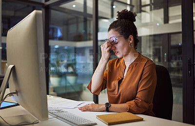 Buy stock photo Stress, tired and frustrated business woman working on a computer at the desk in her office. Burnout, headache and corporate manager planning a company management strategy report with technology.