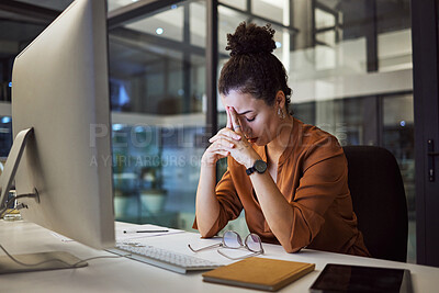 Buy stock photo Headache, business woman at night and computer stress while working for a deadline with pc glitch. Sad corporate manager with anxiety about target working at desk screen late to complete task online